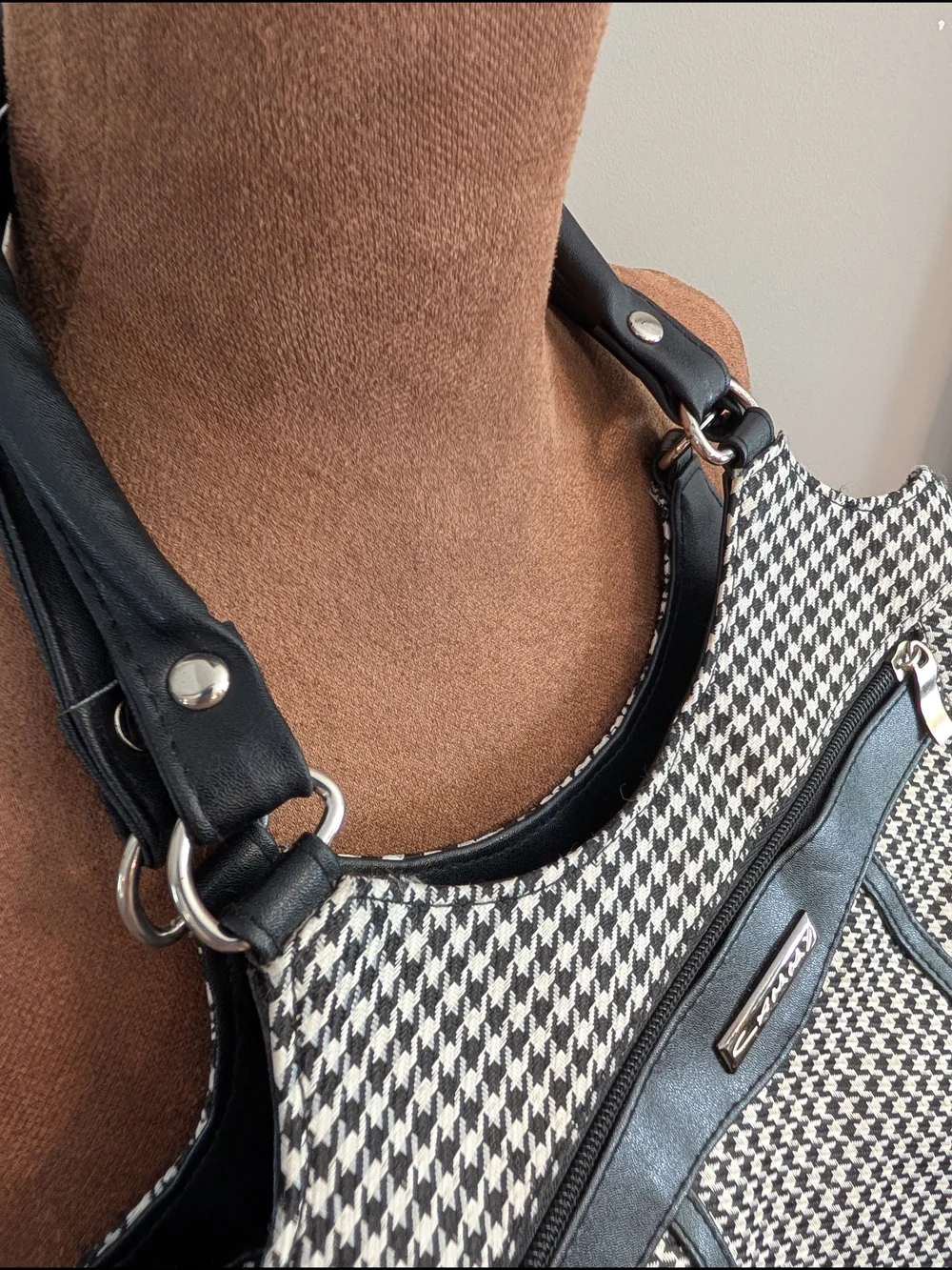 Black & White Houndstooth Shoulder Bag with Black Trim